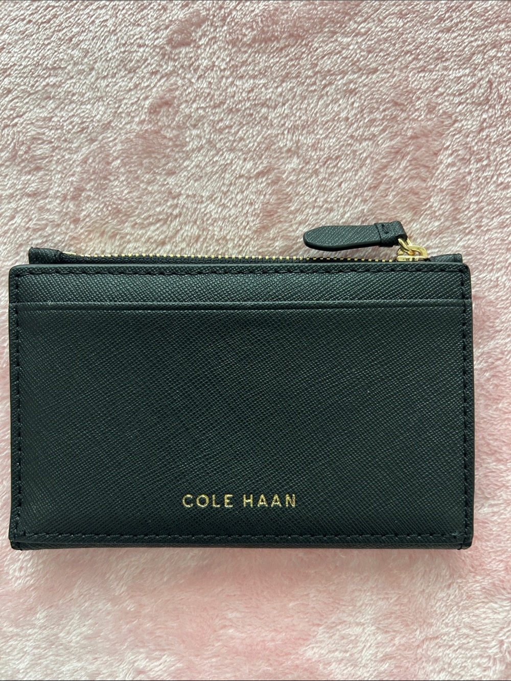 Cole Haan Black Saffiano Card Wallet with Gold Hardware